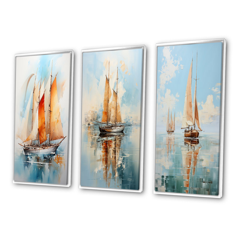 Voilier, aquarelle, voiles - bateau, art mural, ensemble de 3, Cadre flottant blanc, H 32 po x l 48 po