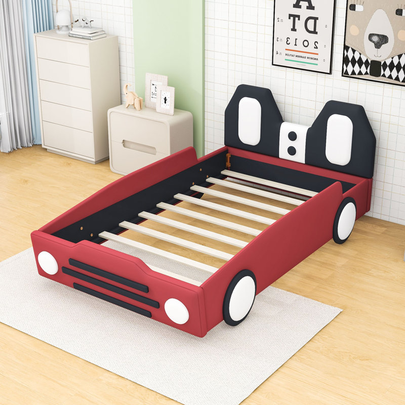 Upholstered Twin Race Car-Shaped Platform Bed With Safety Guardrails, Red