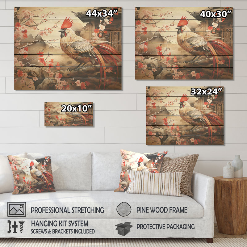 Coq beige et rouge du Japon - Animal coq sur bois, H 10 po x l 20 po
