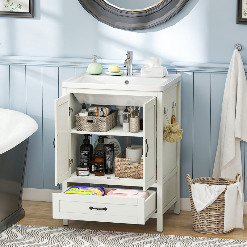 Modern Minimalist White Freestanding Bathroom Vanity With Drawer, Adjustable Shelf And Side Hooks