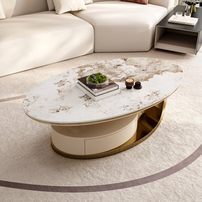 Labana 51" Modern Oval Coffee Table, Sintered Stone Top, Gold legs, drawer