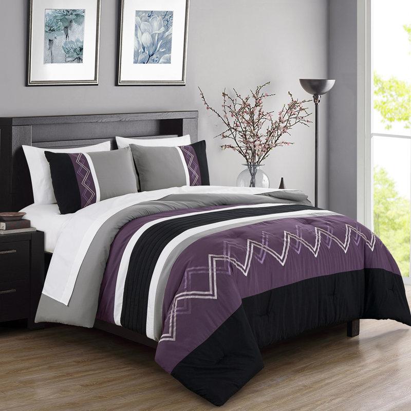 7-Piece Modern Pleated Stripe Embroidered Comforter Set with Sheets, Black/Purple/Gray, Queen Comforter + 6 Additional Pieces