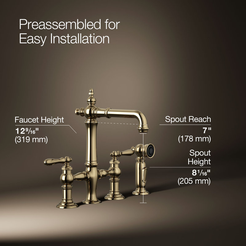Artifacts® Bridge Faucet with Side Spray, Lever Handle, Vibrant French Gold