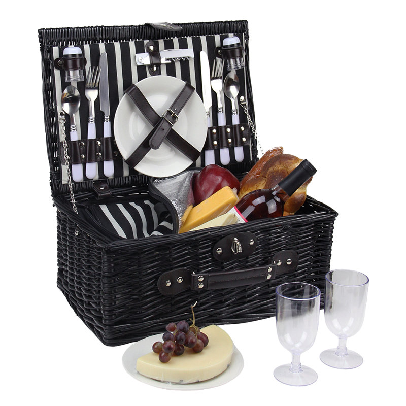 Ensemble de panier de pique-nique 2 personnes 7,25 "x 15,5" noir tissé à la main avec accessoires