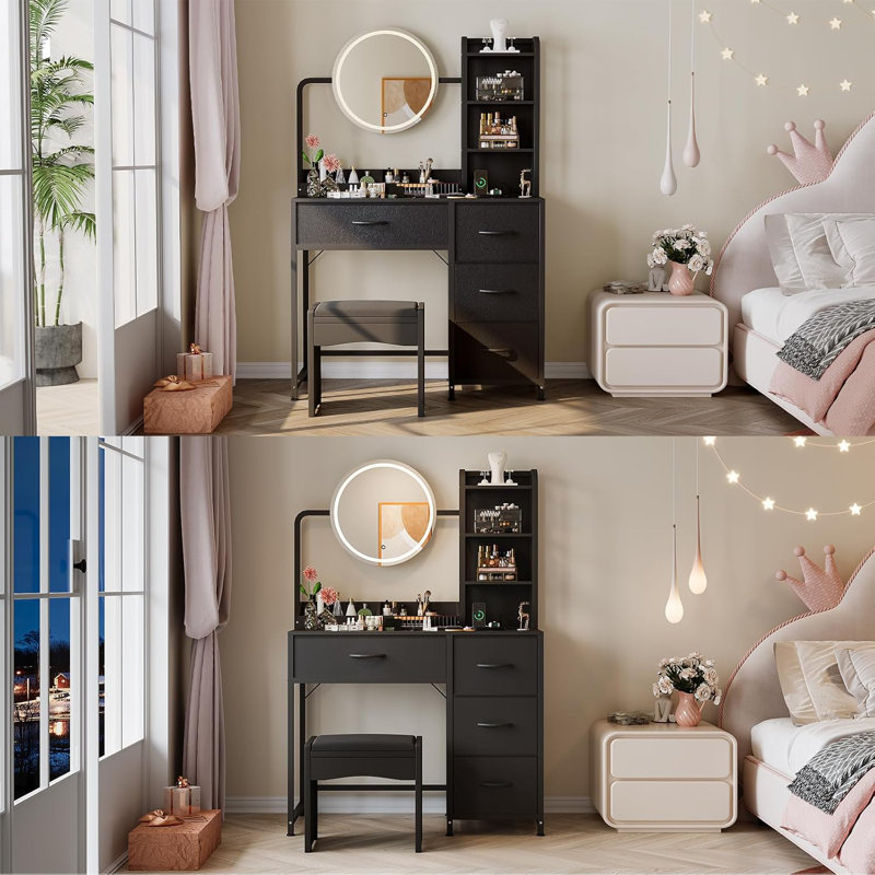 Bureau de coiffeuse avec miroir et lumières, coiffeuse en bois avec 4 tiroirs en tissu et éclairage à DEL réglable, bureau de coiffeuse avec miroir et lumières pour l'organisation de coiffeuse pour femmes