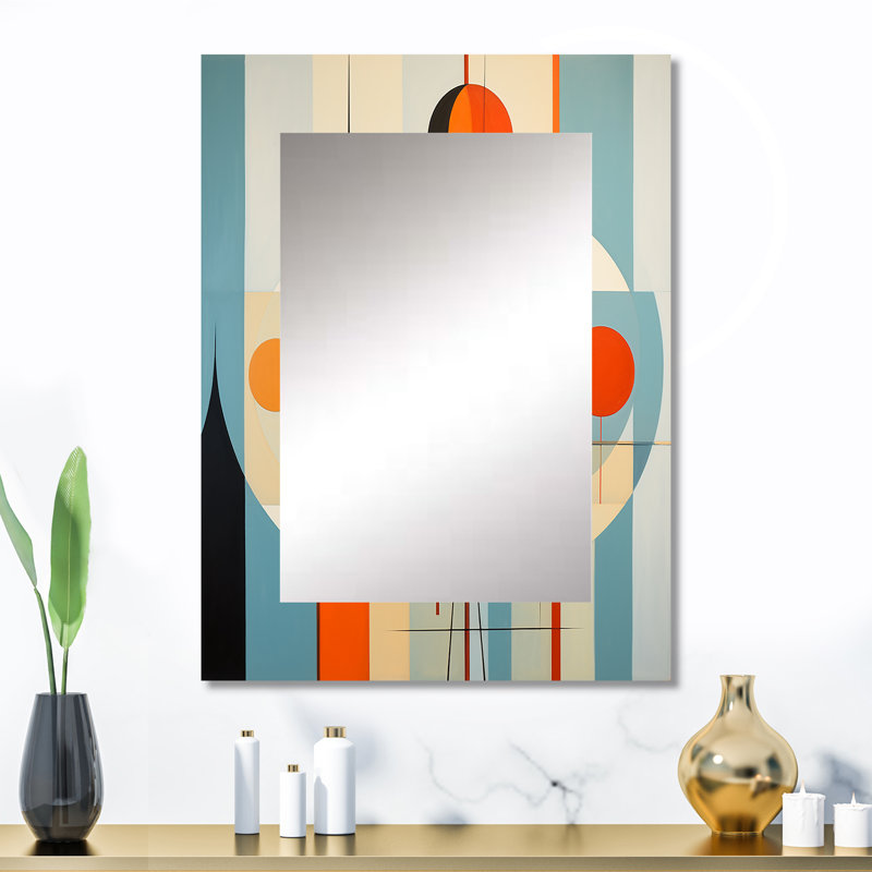 Serendipity Abstract Mid-Century Geometrics III - Midcentury Modern Wall Mirror, Blue Decorative Mirror, Printed Metal Art