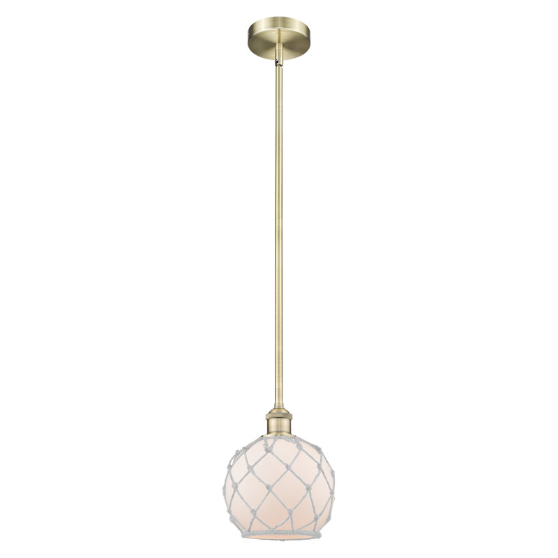 Edison - Ametra - Mini-luminaire suspendu à tige 1 lumière 8 po, Laiton antique, Verre blanc avec corde blanche