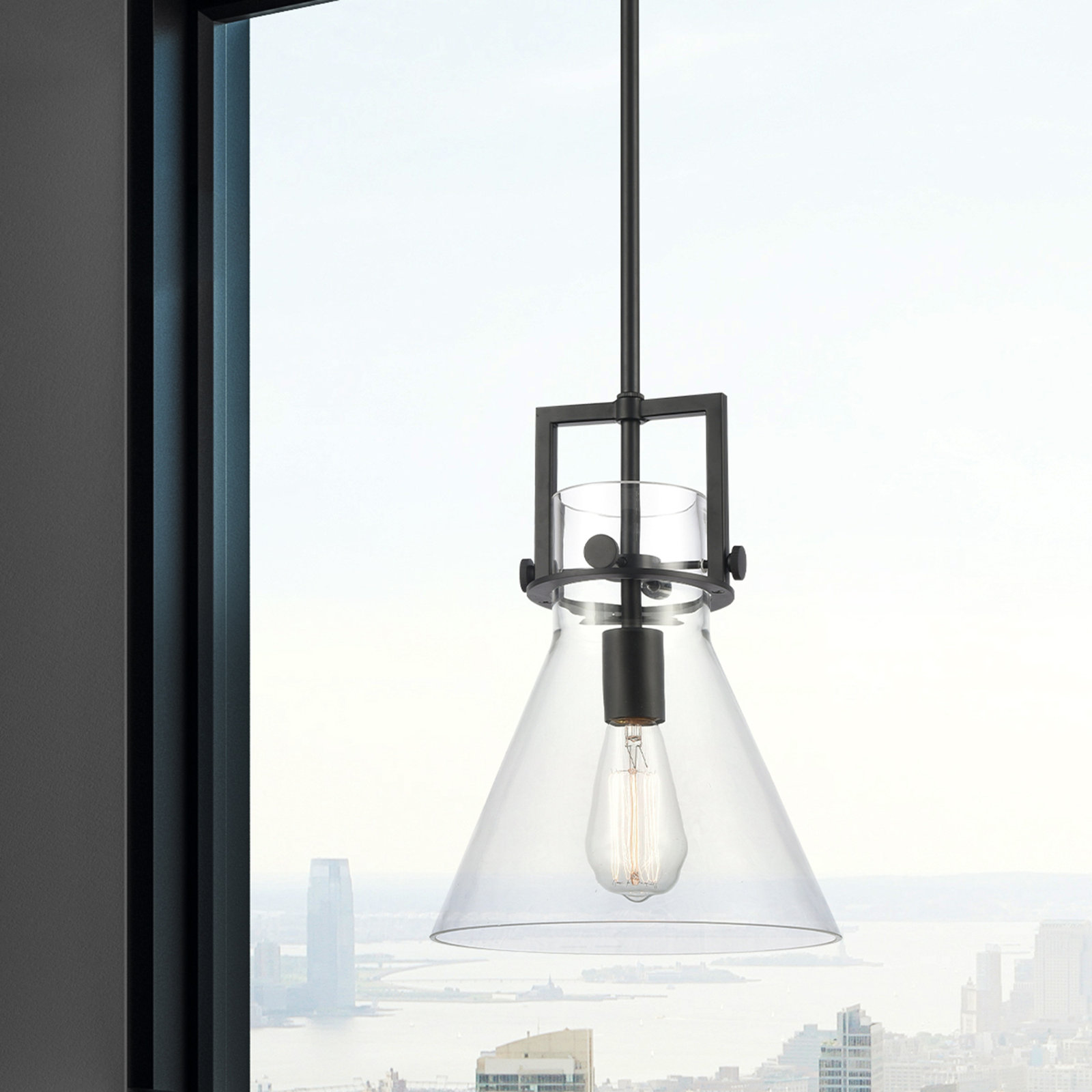 Coterie Single Light Glass Dimmable Pendant, Clear, Matte Black, 13.62" H x 10" W x 10" D