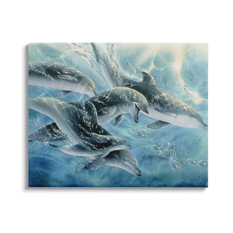 «Au-504-Canvas Playful Passage Dolphins Natation sur toile» par Linda Thompson, peinture, H 24 po x l 30 po x P 1,5 po