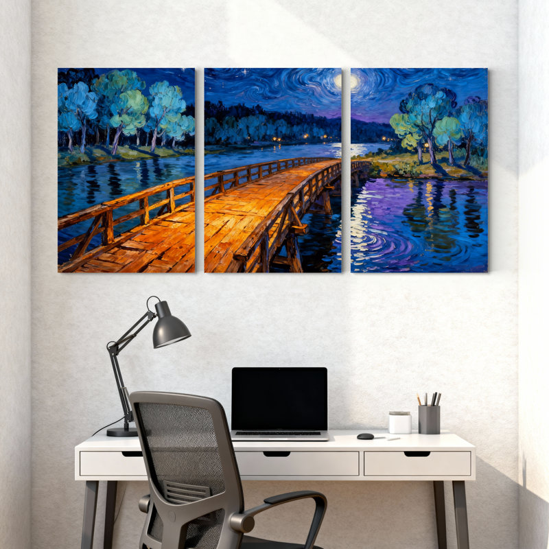 Abstrait pont en bois nuit ciel arbres eau reflets ensemble de 3 impressions d'art sur toile, H 30 po x l 60 po