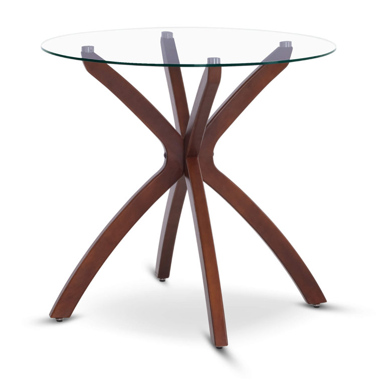 Round Dining Table with Tempered Glass Top and Solid Wood Legs