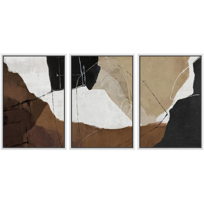 Modern Abstract Geometric " Tan Brown Blocks Abstract Mid Century Modern Shapes Illustrations Art Decor Chic Living Room " 3 - Pieces