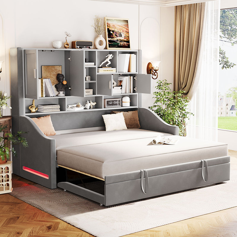 Twin Size Upholstered Daybed With LED Armrest Lights, Storage Shelves & Cabinets, Pull-Out Lift-Up Twin Trundle, Gray