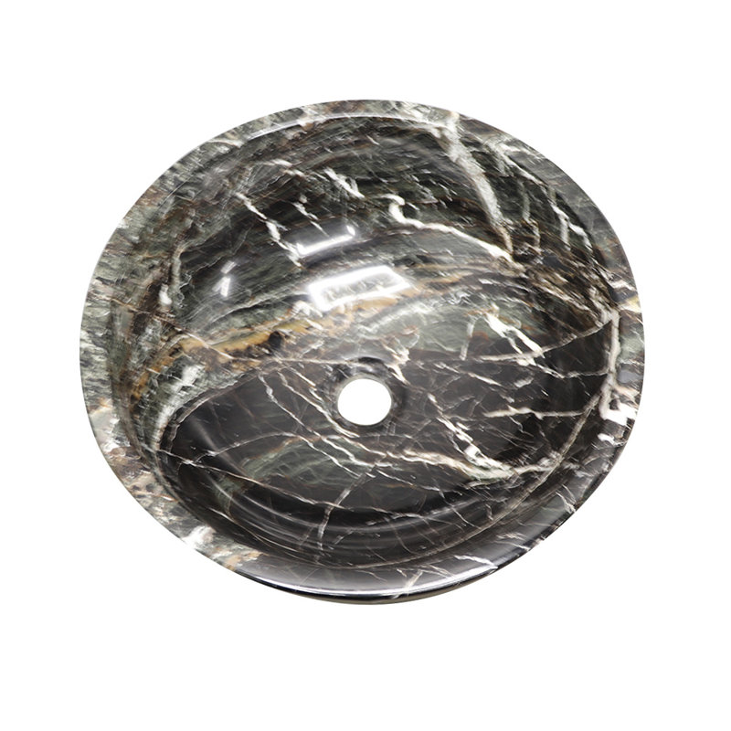 Handmade Marble Onyx Bathroom Sink, 16”, Round Vessel Sink, Black Zebra