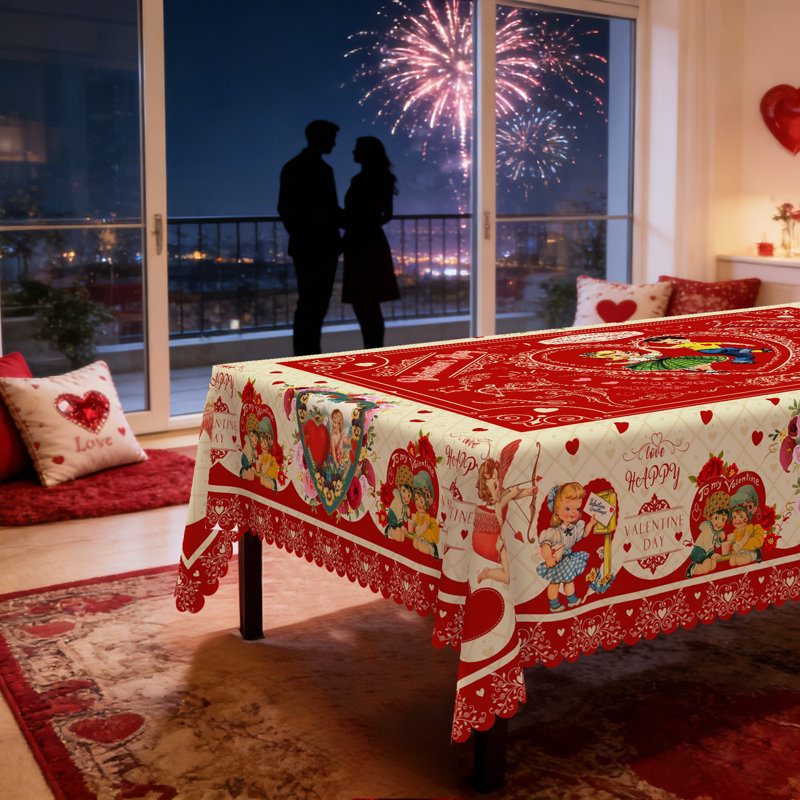 Vintage Tablecloth - Red Retro Heart & Romantic Figure Printed Decorative Table Cover for Valentine's Dinner/Party, Kitchen Dining Table, Rectangular Tablecloth, Reusable Fabric Tablecloth - Ideal for Romantic Occasions
