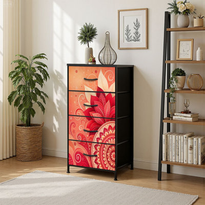 Commode de rangement verticale 4 tiroirs Mandala floral tourbillons complexes aux tons rouges avec dessus en bois tiroirs en tissu