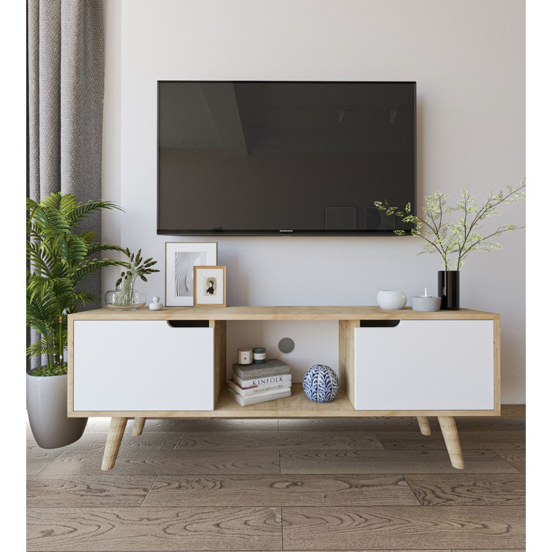 Meuble télé pour téléviseur de 58 po ou moins avec tablettes ouvertes et pieds en bois, Blanc / chêne saphir