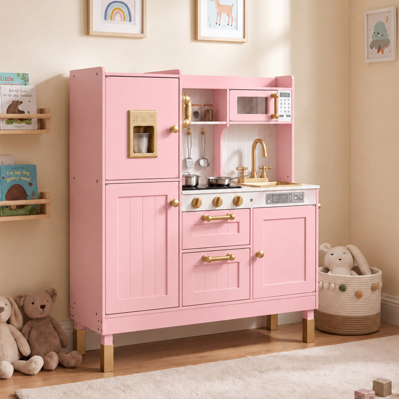 Pretend Play Kitchen Wooden Toy Set for Kids w/Lights & Sounds, Utensils, Oven, Microwave, Gift for Boys Girls Age 3+, Pink