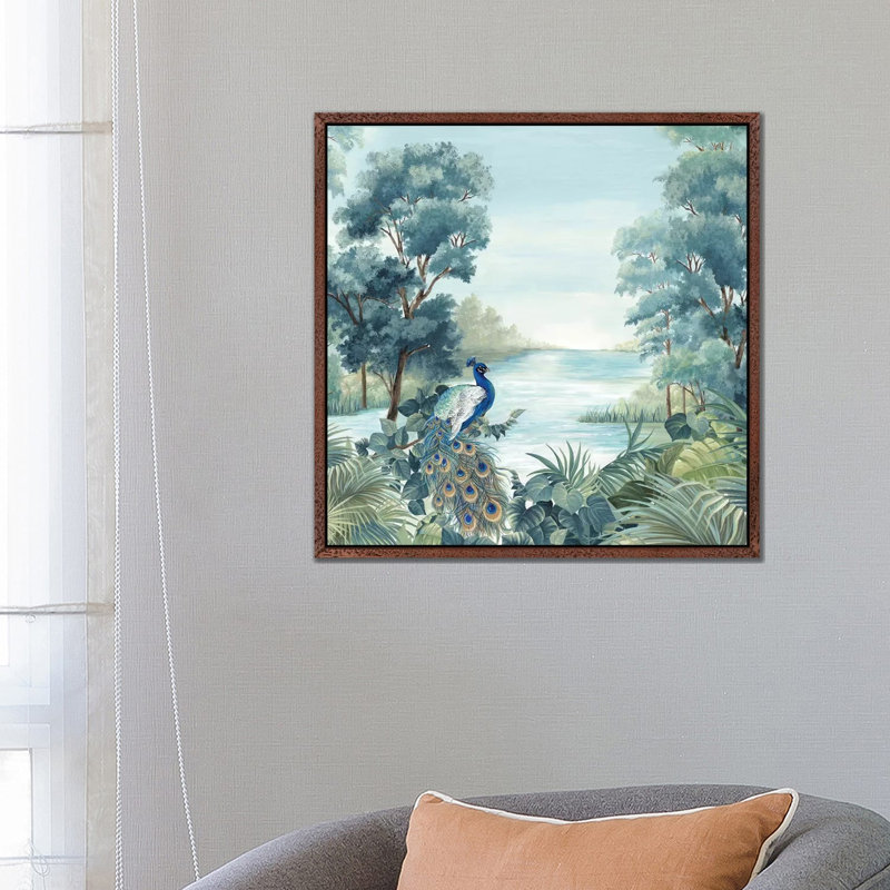 Peafowl by Eva Watts - Painting on Canvas, Classic Brown Wood Framed, 66.04cm H x 66.04cm W x 3.81cm D