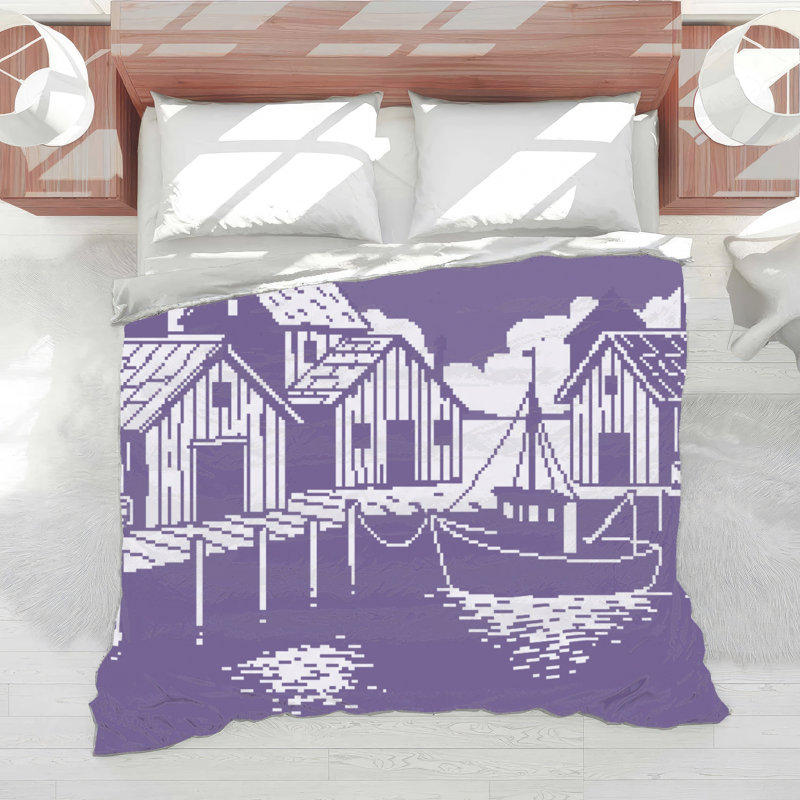 Édredon Pixel Art Harbor Scene, Simple extra long, Moyen mauve moyen blanc