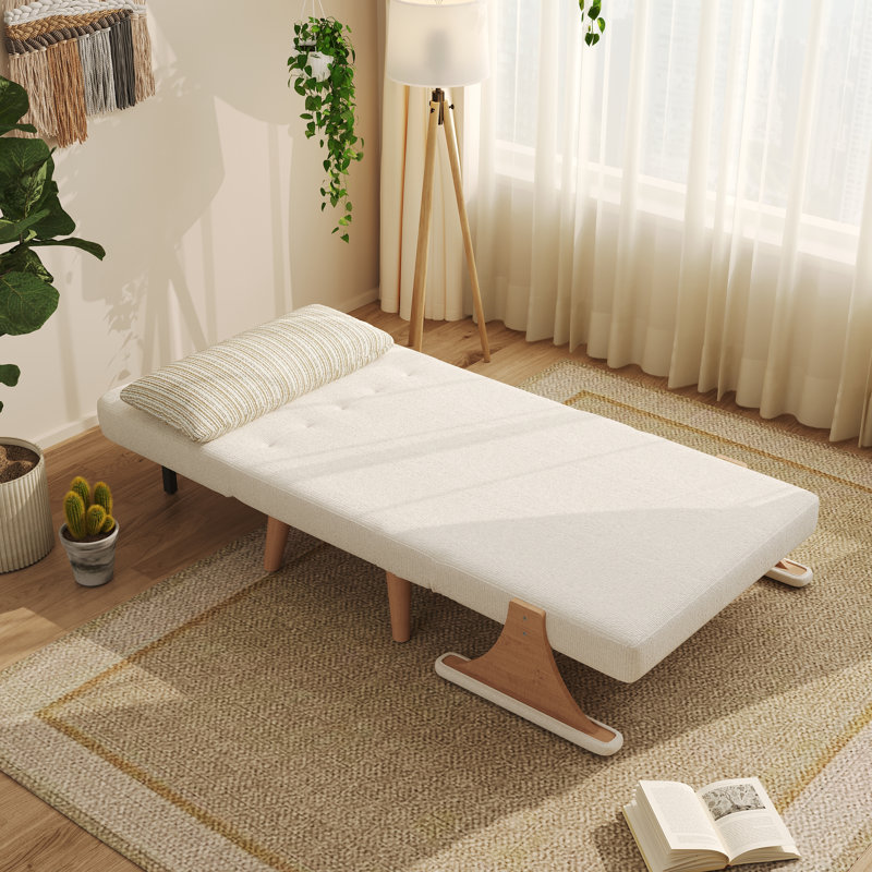 Canapé-lit 3 en 1 en coton et lin beige avec pieds en bois massif et coussin, L 39,37 po