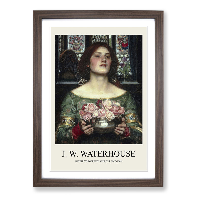 Girl With Flowers by John William Waterhouse - Single Picture Frame Print, 48cm H x 36cm W x 2cm D, Walnut Framed