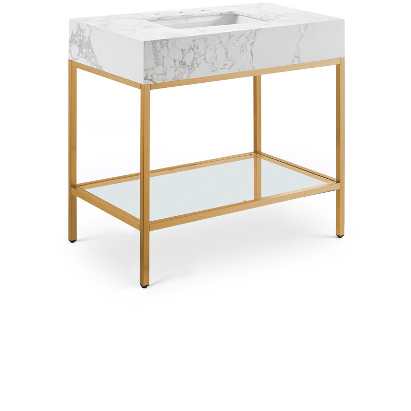 Meuble-lavabo simple 36 po Marmo, Laiton brossé, Blanc
