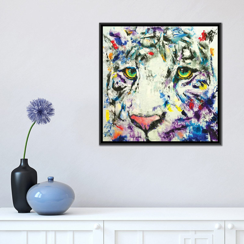« white tiger », impression sur toile, H 18 po x l 18 po x P 1,5 po, Toile avec cadre noir, Pas de tapis