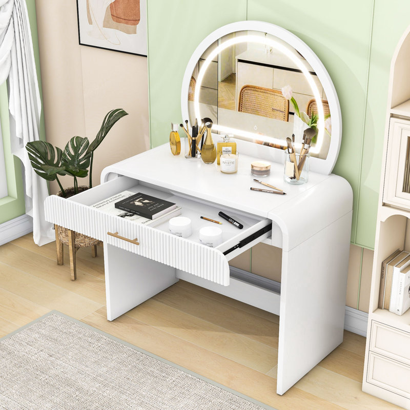 Table de coiffeuse avec miroir tactile et tiroir, White