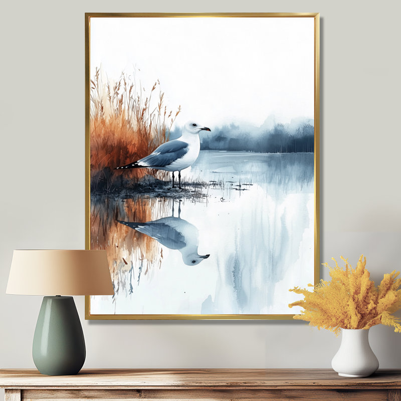 «Avdie Seagull By The Farm Pond», art mural oiseau pour le salon, H 40 po x l 30 po, Impression encadrée flottante, Doré