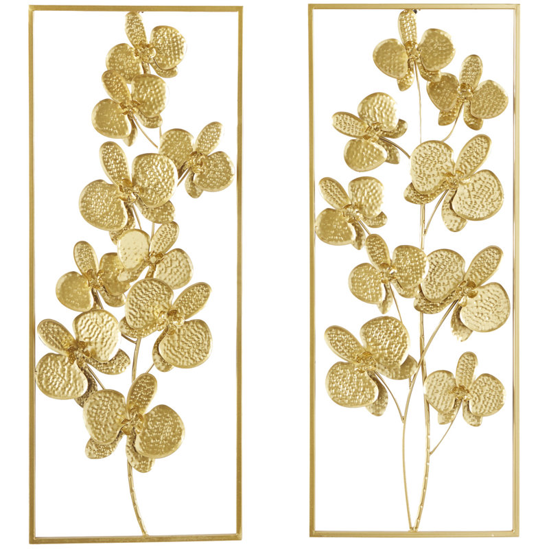 Metal Orchid Floral Gold Wall Decor with Gold Frame Set