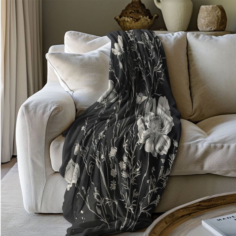 Floral noir et blanc - couverture en sherpa de qualité supérieure 1 pièce, Lit simple