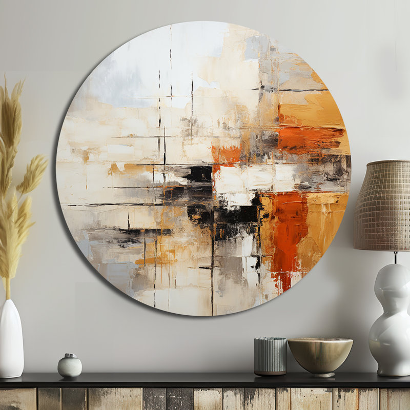 Clerence orange, noir, fractale abstraite, impressions - Art abstrait rond en métal, H 16 po x l 16 po x P 1 po