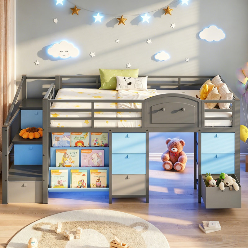 Kids Low Loft Bed with 9 Storage Drawers and 3 Tiers Bookshelf Reading Nook LED Under-bed Play House, Black Gray