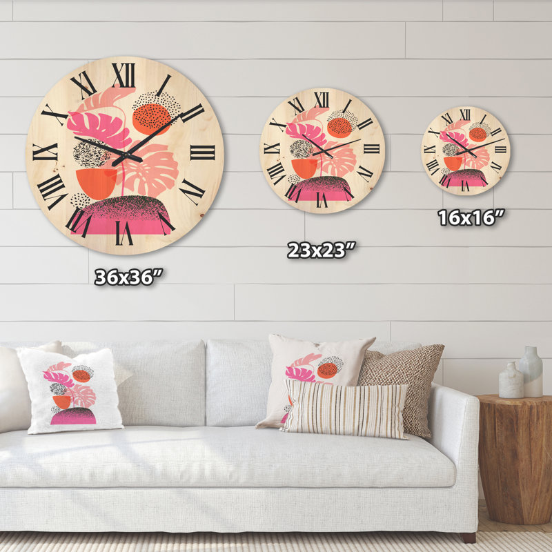 Horloge murale géométrique lune et soleil avec feuilles tropicales, Très grand