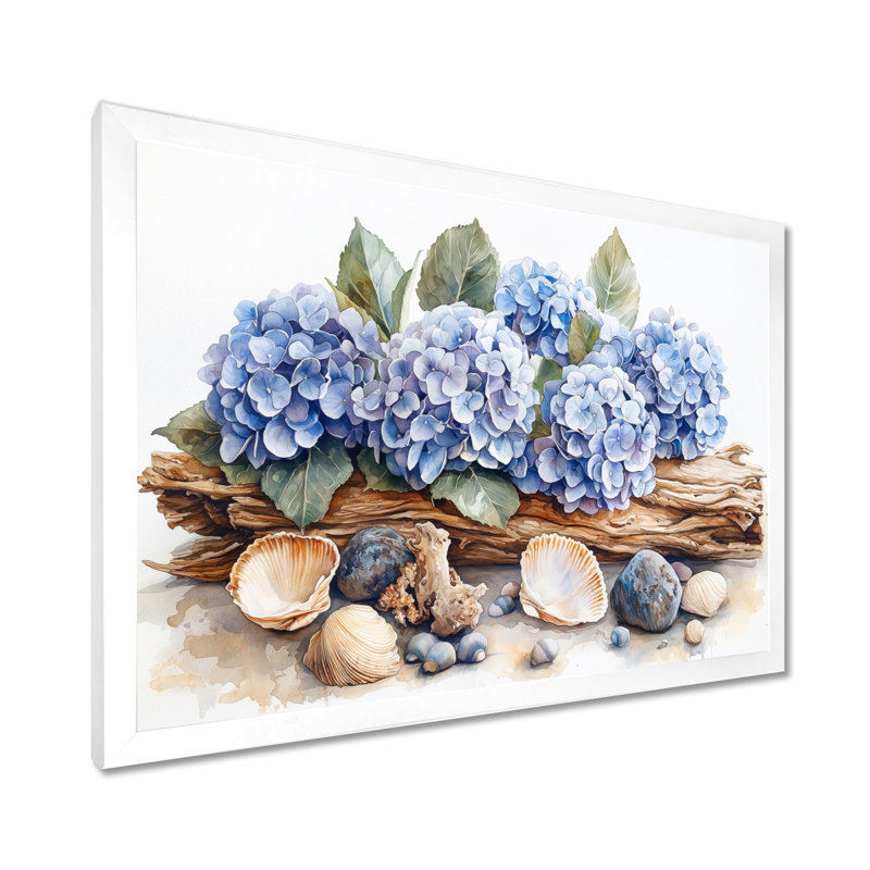 Domoni hortensias et bois flottant, Reproduction encadrée d'une seule photo, H 34 po x l 44 po, Blanc