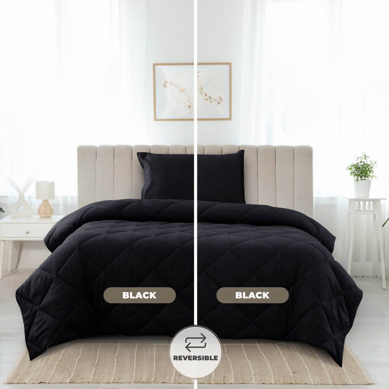 Down Alternative Microfiber Reversible Comforter Set - 3 Pcs All Season Diamond Pattern Comforter with Shams, Twin, Black
