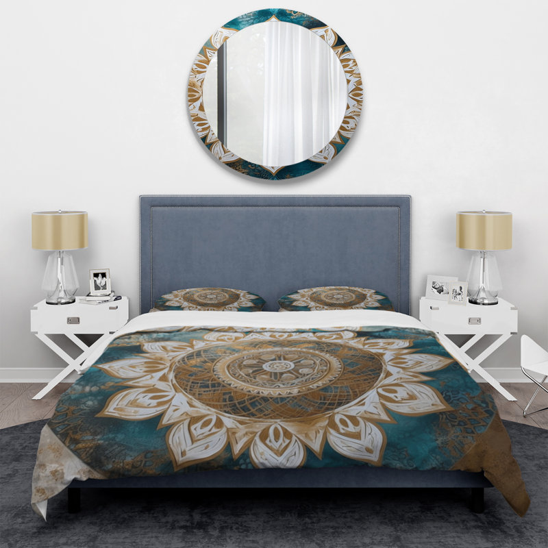 Ensemble de housse de couette en microfibre / polyester bleu sarcelle et or Mandala II Bedding