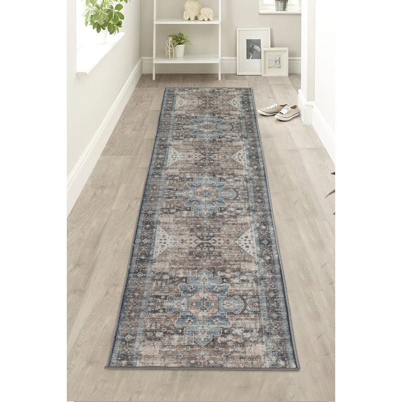 Anti-Slip Low Profile Distressed Oriental Blue Carpet Runner Rug, Runner 2'2" x 10'