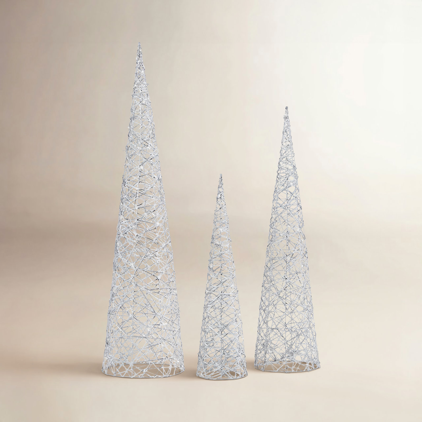 Metallic Silver 3pc Cone Set, Pre-Lit with Micro Warm White LED Lights, Battery Operated