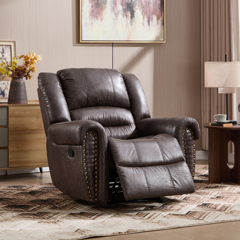 Margena 40.6'' Wide Classic and Super Soft Faux Leather Glider Manual Recliner with Nailed Trim, Dark Grayish Brown