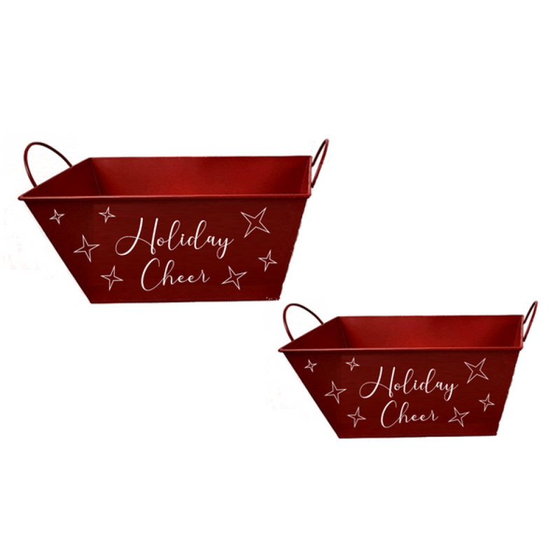 Set Of 2 Red Rectangular Metal With Holiday Cheer And Stars Pattern Baskets