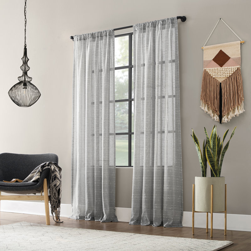 Gray Sheer Linen Blend Rod Pocket Curtain Panel