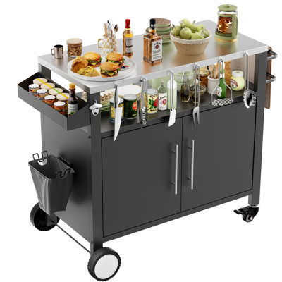 38"L x 18"W Patio Storage Bar Cart Stainless Steel Outdoor Rolling Bar Cart with Spice Rack