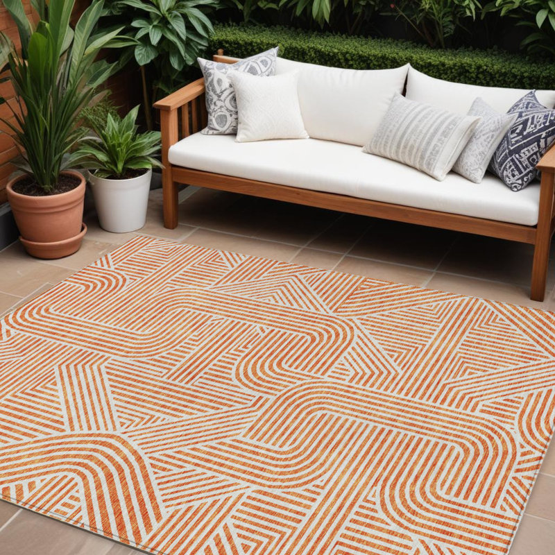 Tapis extérieur lavable abstrait orange et ivoire 8 pi x 10 pi