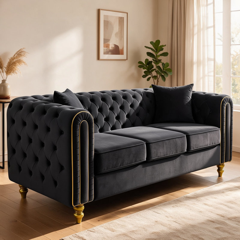 Ensemble de canapé 3 + 2, accoudoirs capitonnés et pattes dorées, beige, Beige Velvet