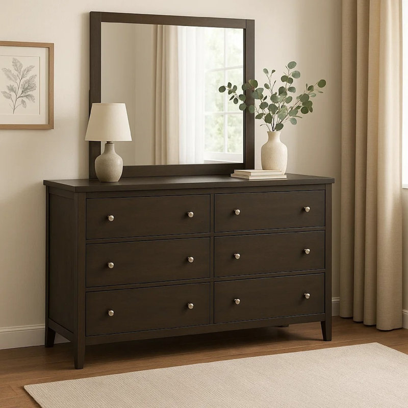 Commode large Wlly avec miroir assorti, 6 tiroirs, bois brun foncé