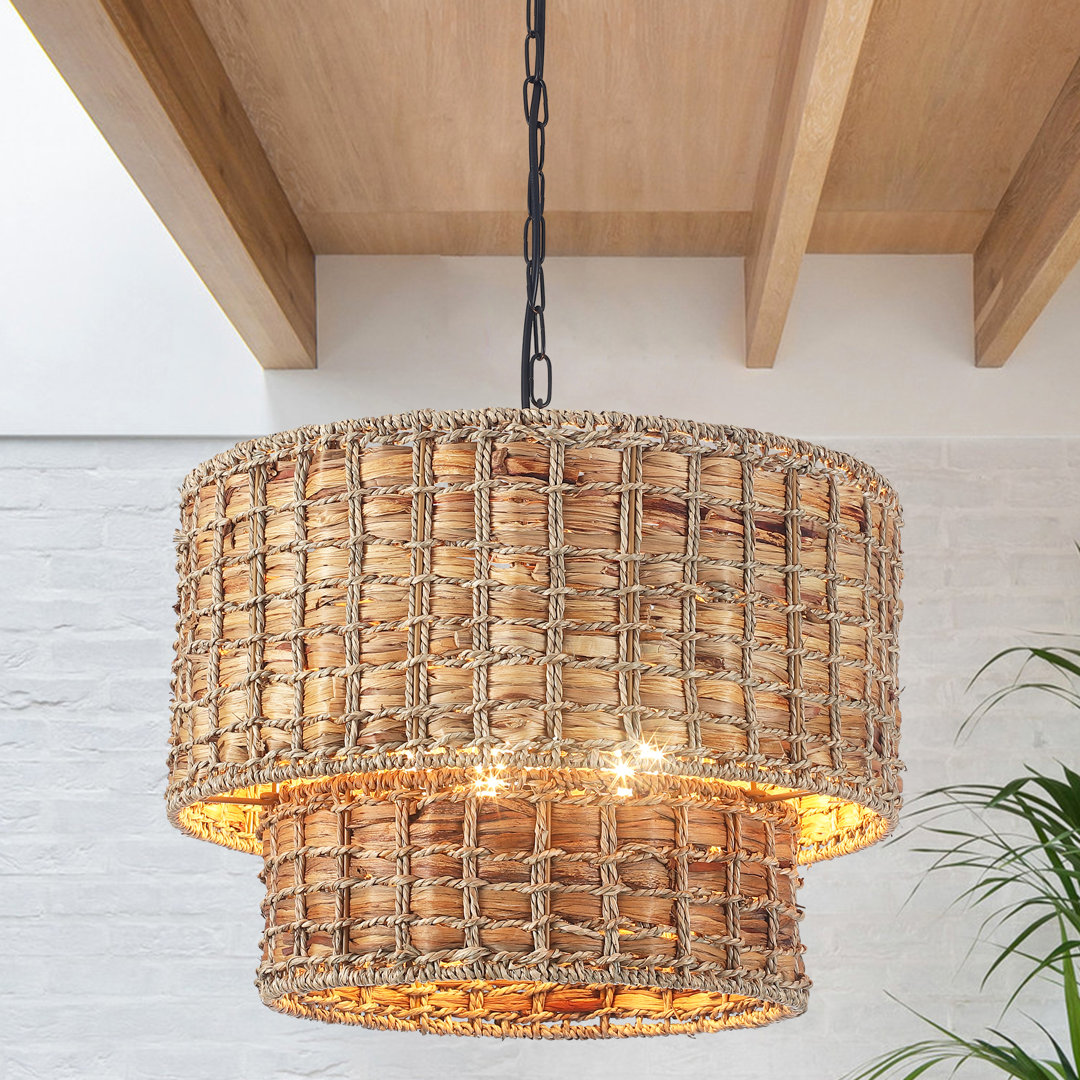 Kaetlin 5 - Light 2-Tier Bohemian Drum Natural Rattan Chandelier-18.9"W x 76"H House of Hampton® Base 