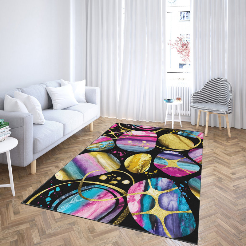 Non-Slip Woven Carpet, 3.3 x 5.9 Feet, 100% Polyester, 0.4 in Pile Height | Durable Raschel Knitting, Felt Dot Underside, Machine Washable | Elegant Digital Print Design for Living Room & Bedroom Décor