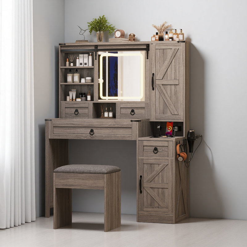 Farmhouse Vanity Desk With Sliding Mirror And Lights, Vanity Set With Glass Top And Charging Station ,Dressing Table With 4 Drawers And 2 Cabinets